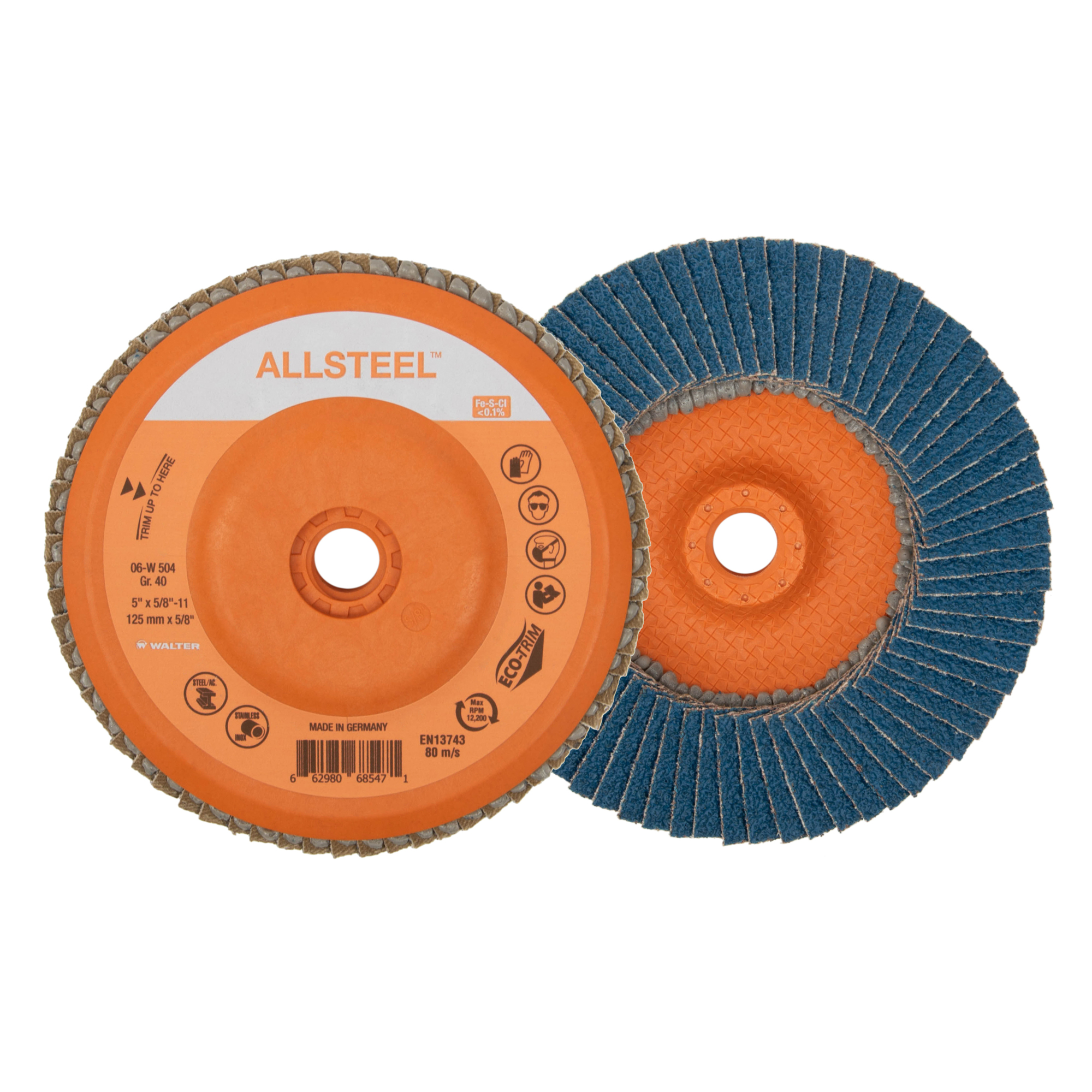Walter Allsteel Spin-On Flap Discs — 5in., GR40, ECO-Trim Backing, 10 Pcs, Model# 06W504